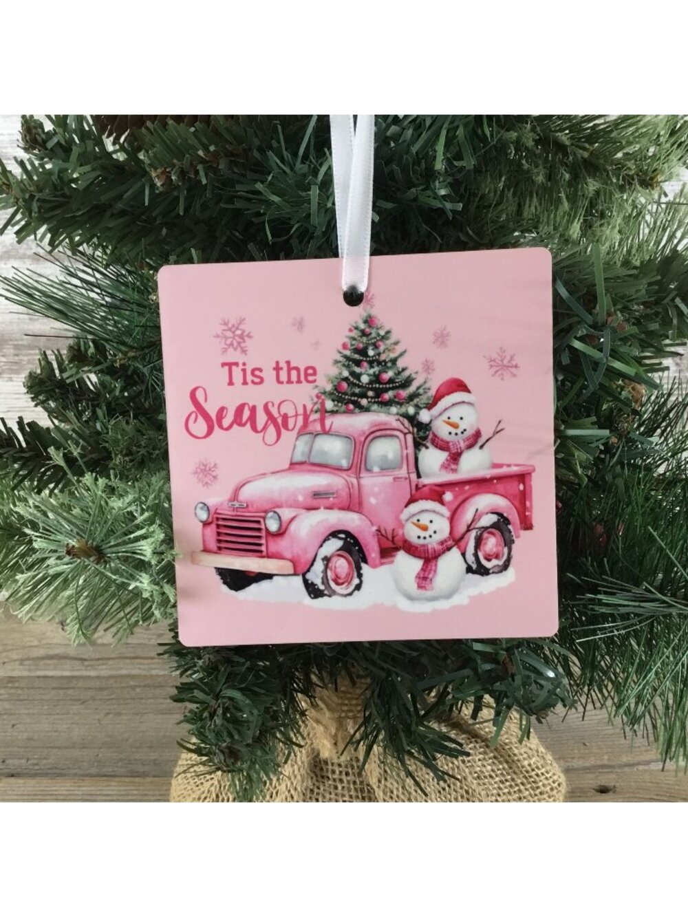 Tis the Season Snowman Pink Truck 3.5" Square Wooden Ornament